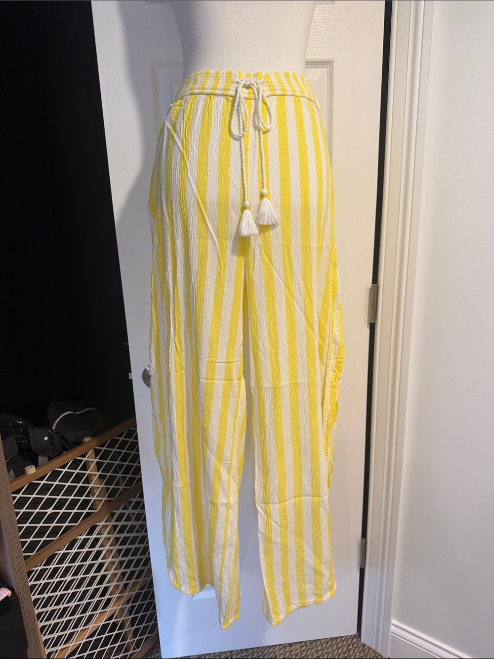 Abercrombie & Fitch Yellow and White Striped Wide-Leg Gauze Pants